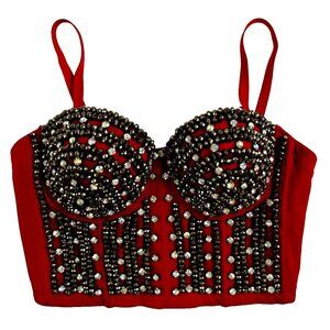 Women's Beaded Red Tank Corset Bra Bralette Spaghetti Strap Bustier‎ Crop Top